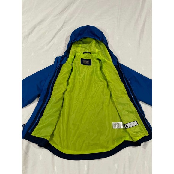 Eddie Bauer Kids Hooded Rain Jacket Blue Navy Green Size S 7 8 Lightweight - Picture 2 of 13